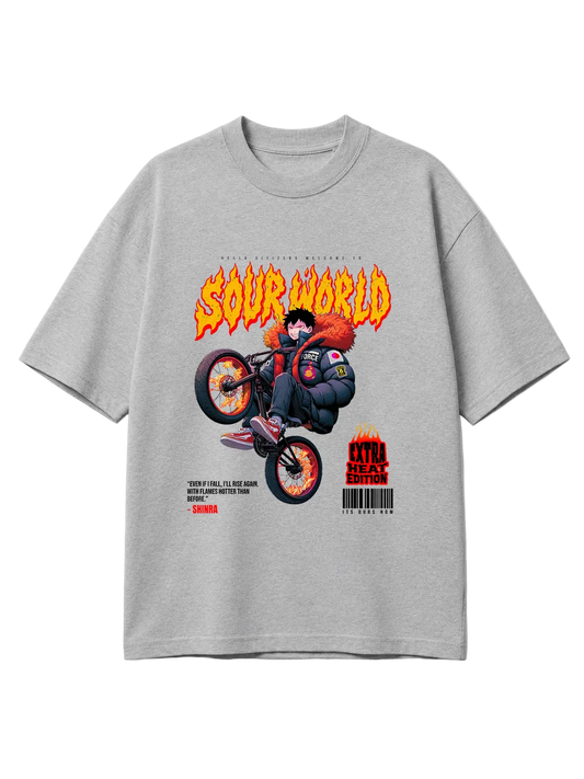 Gray t-shirt with a graphic design of a person on a bike and text 'Sour World' on a light gray background.