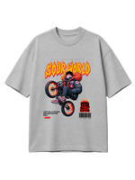 Gray t-shirt with a graphic design of a person on a bike and text 'Sour World' on a light gray background.
