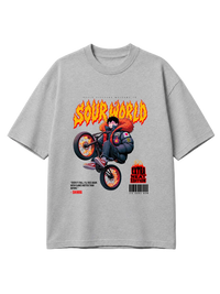Gray t-shirt with a graphic design of a person on a bike and text 'Sour World' on a light gray background.