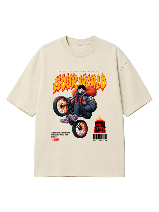 Beige t-shirt with a graphic design of a character on a motorcycle and text on a white background