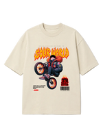 Beige t-shirt with a graphic design of a character on a motorcycle and text on a white background